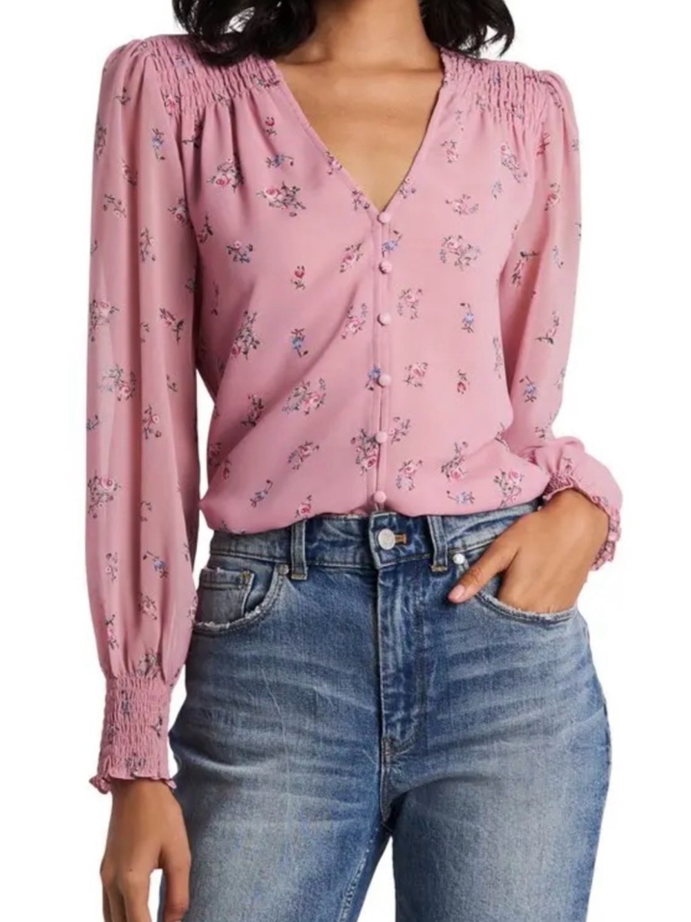 Smocked Shoulder Pink Floral V-Neck Blouse- 1 state
